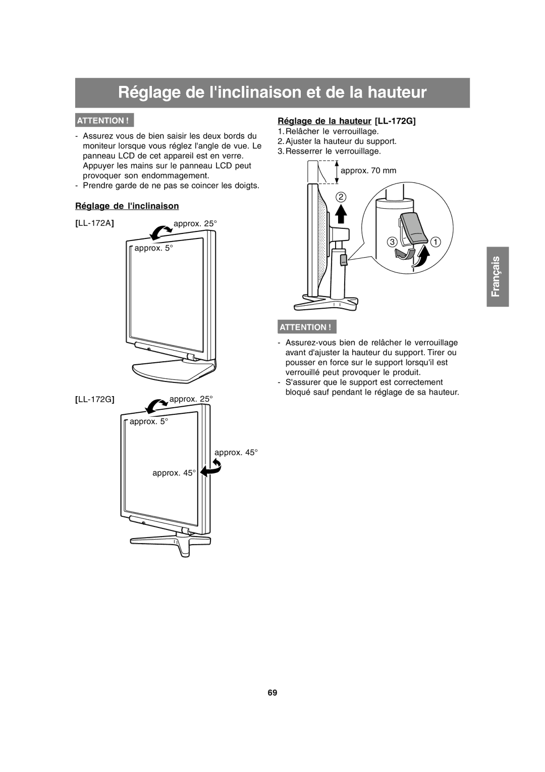 Sharp LL-172A operation manual Réglage de linclinaison et de la hauteur, Réglage de la hauteur LL-172G 