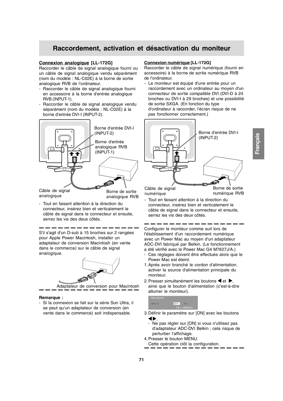 Sharp LL-172A Raccordement, activation et désactivation du moniteur, Connexion analogique LL-172G, Remarque 