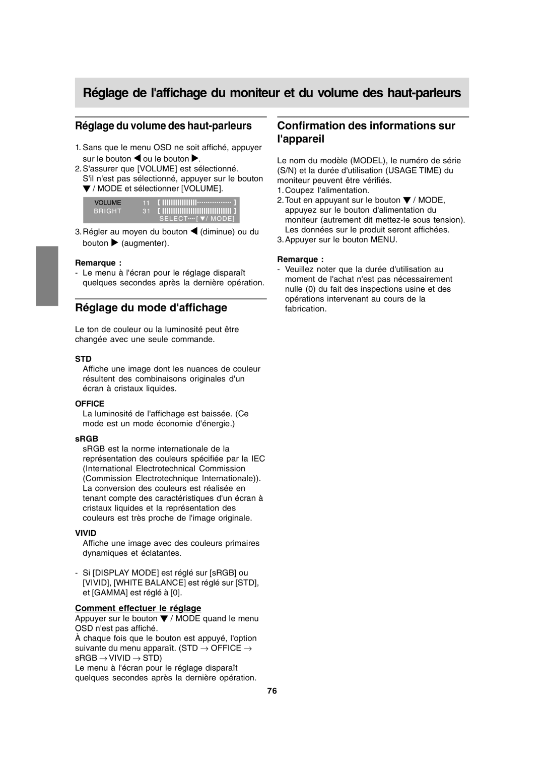 Sharp LL-172G Réglage du volume des haut-parleurs, Réglage du mode daffichage, Confirmation des informations sur lappareil 