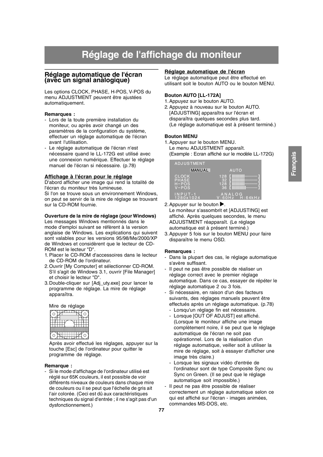 Sharp LL-172A, LL-172G Réglage de laffichage du moniteur, Réglage automatique de lécran avec un signal analogique 