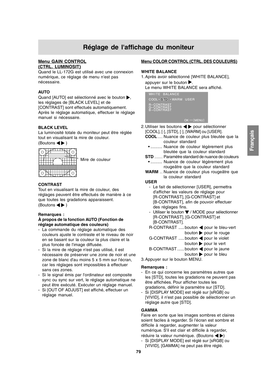 Sharp LL-172A, LL-172G operation manual Menu Gain Control CTRL. Luminosit, Menu Color Control CTRL. DES Couleurs 