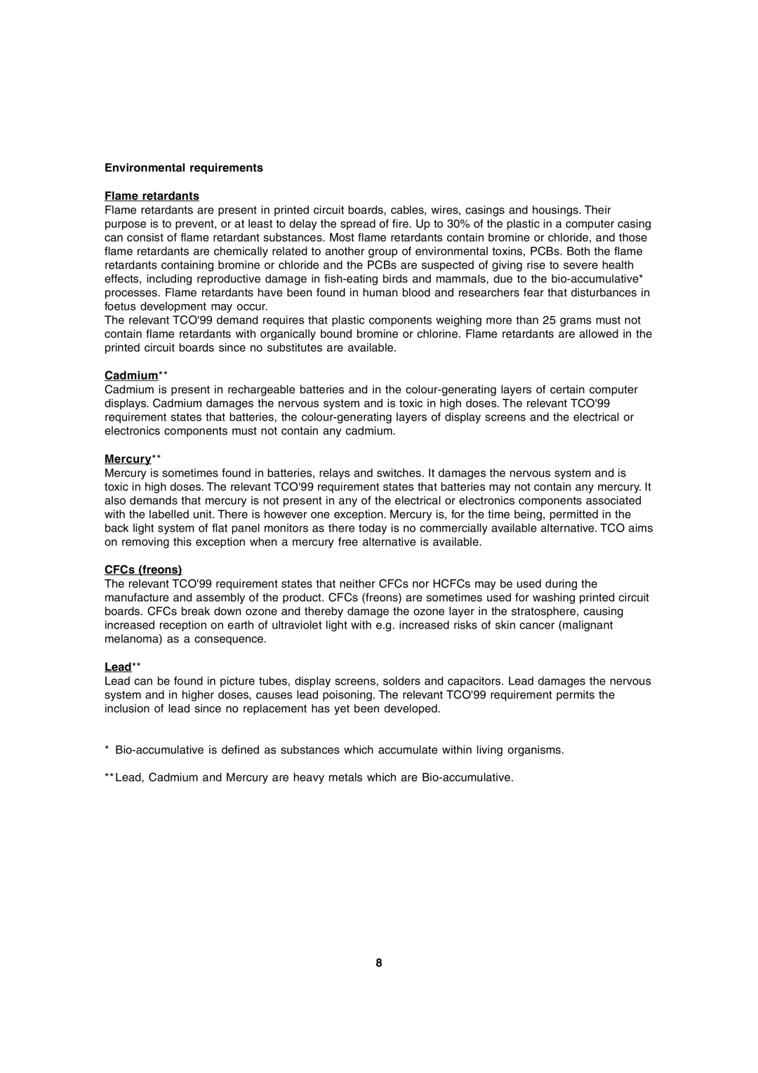 Sharp LL-172G, LL-172A operation manual Environmental requirements Flame retardants, Cadmium, Mercury, CFCs freons, Lead 