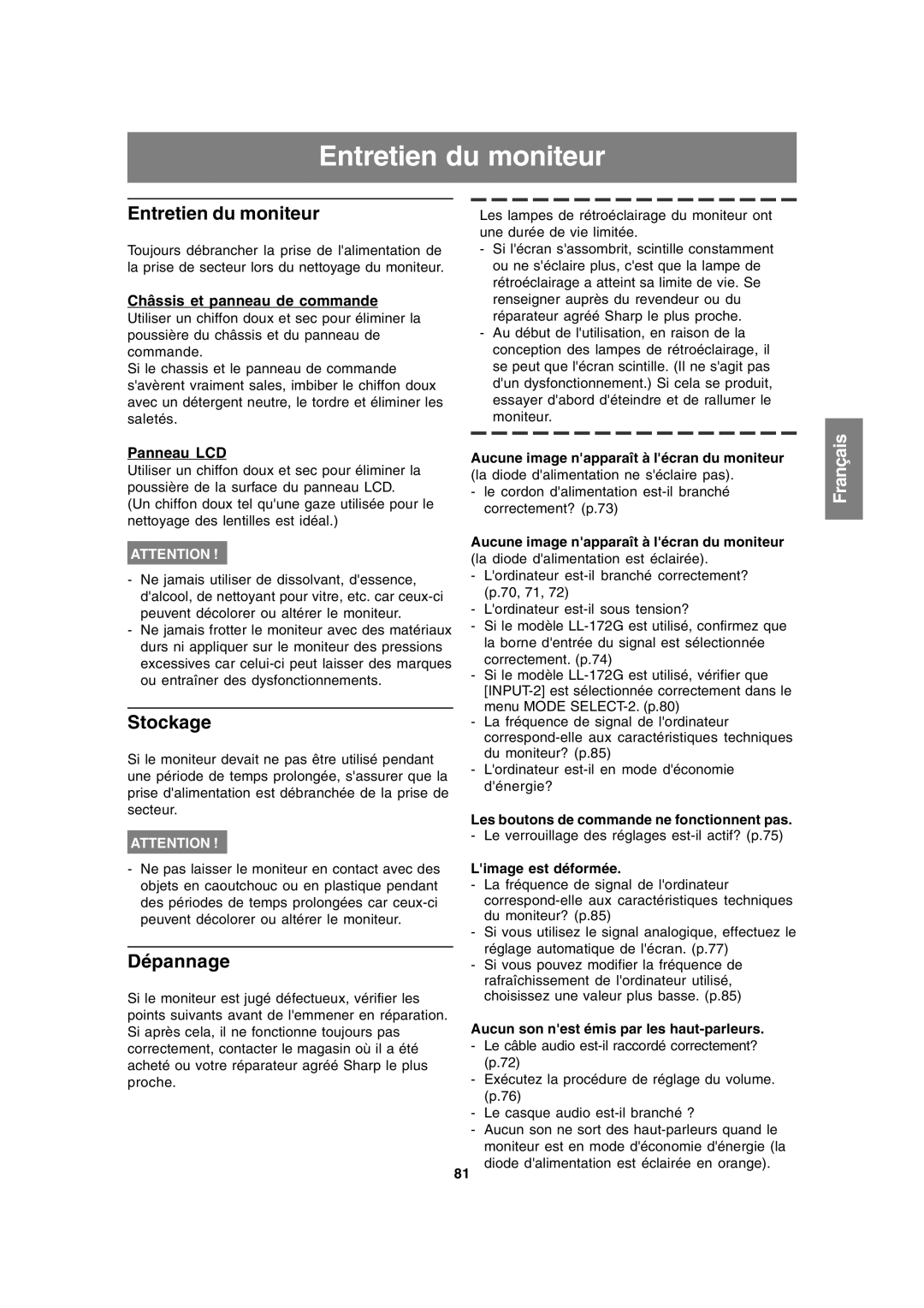 Sharp LL-172A, LL-172G operation manual Entretien du moniteur, Stockage, Dépannage 