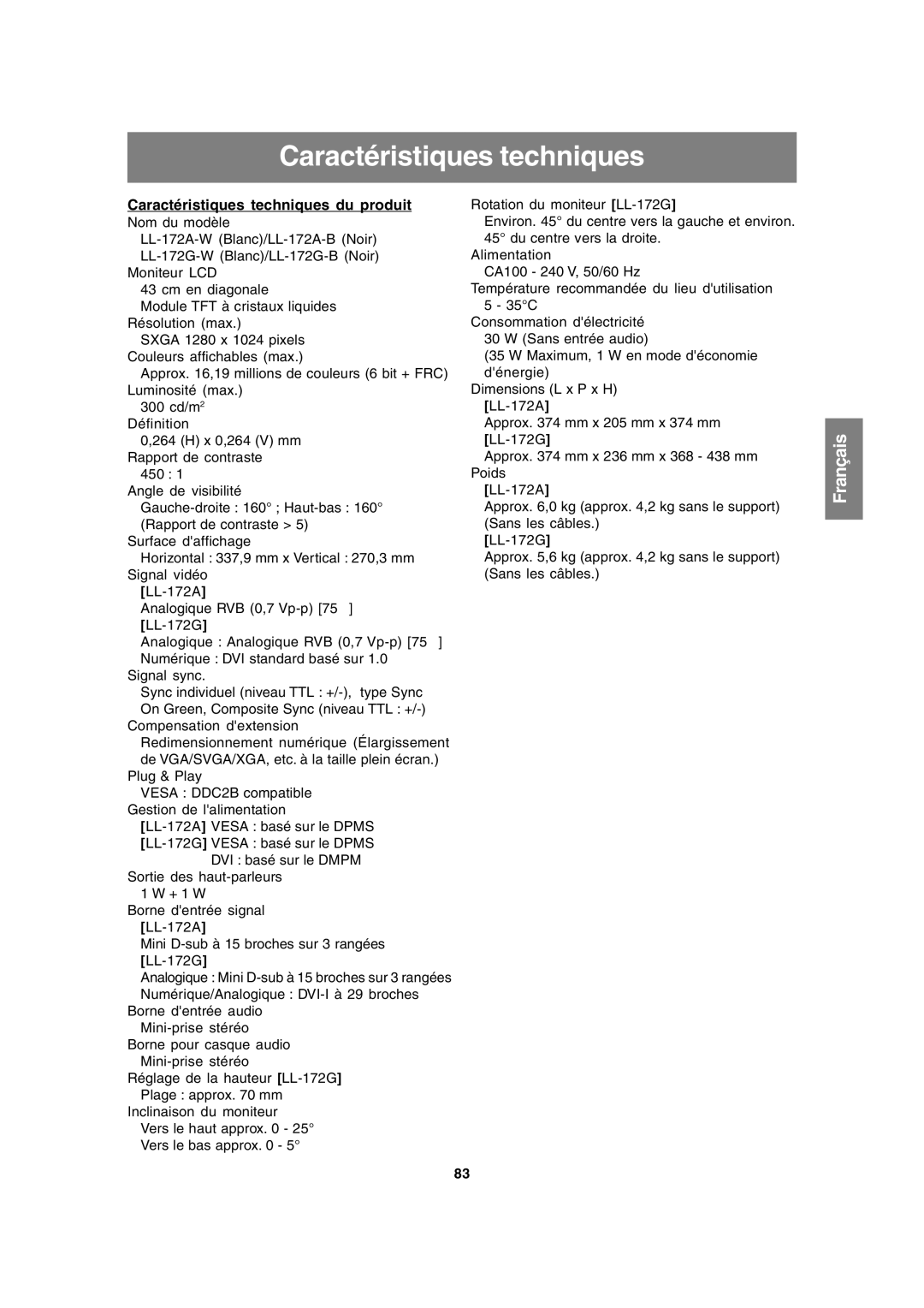 Sharp LL-172A, LL-172G operation manual Caractéristiques techniques du produit 