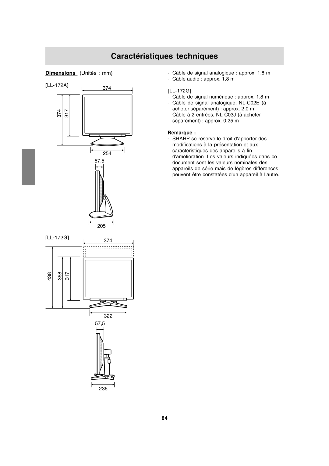 Sharp LL-172G, LL-172A operation manual Caractéristiques techniques, Dimensions Unités mm 