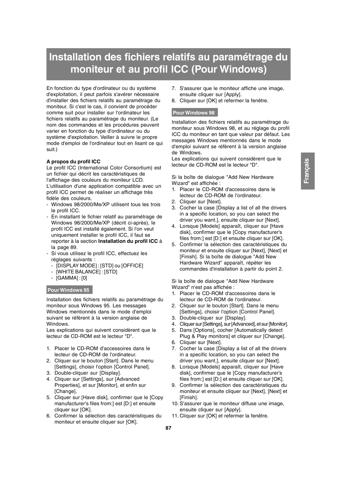 Sharp LL-172A, LL-172G operation manual Propos du profil ICC, Pour Windows 