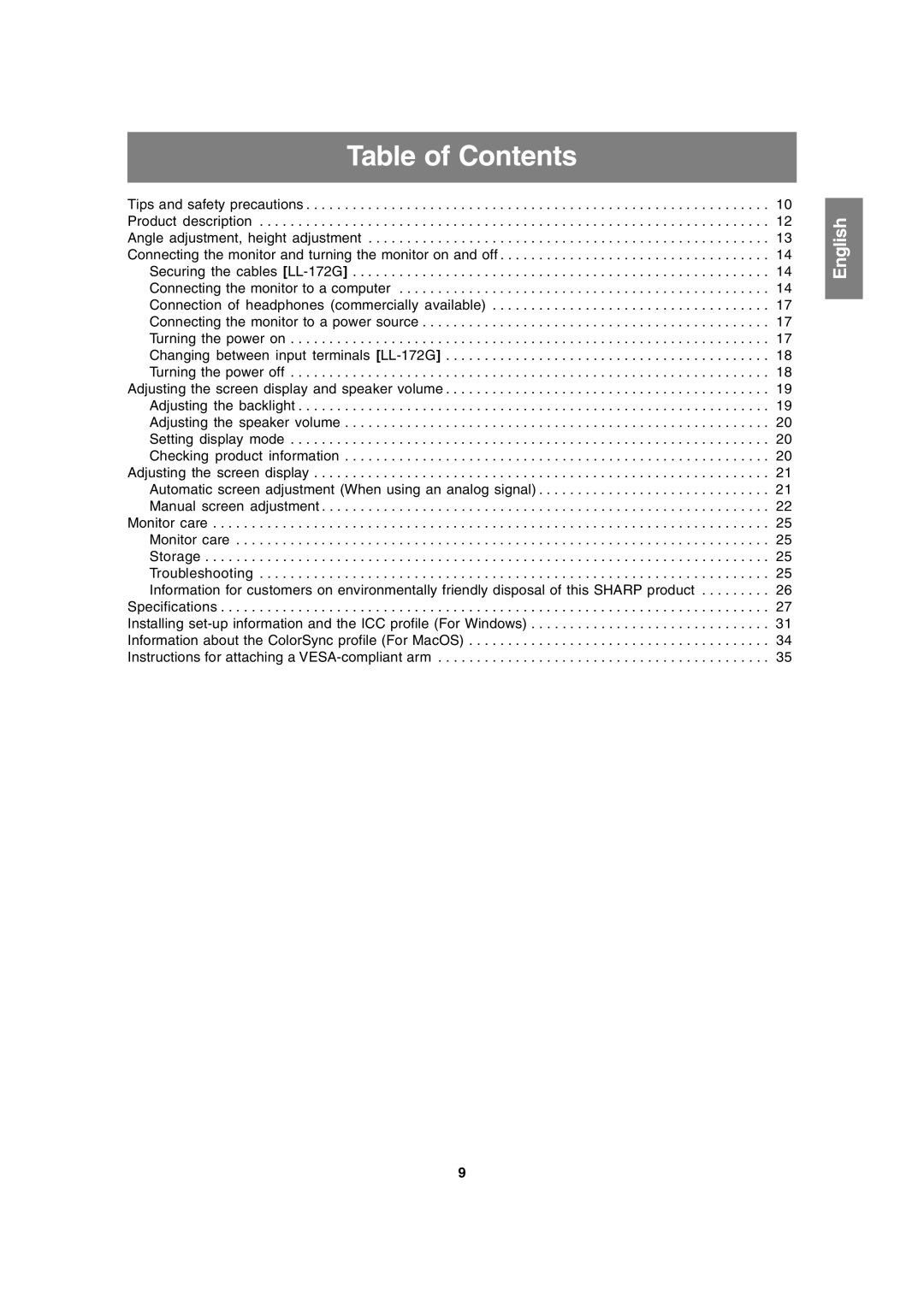 Sharp LL-172A, LL-172G operation manual Table of Contents 