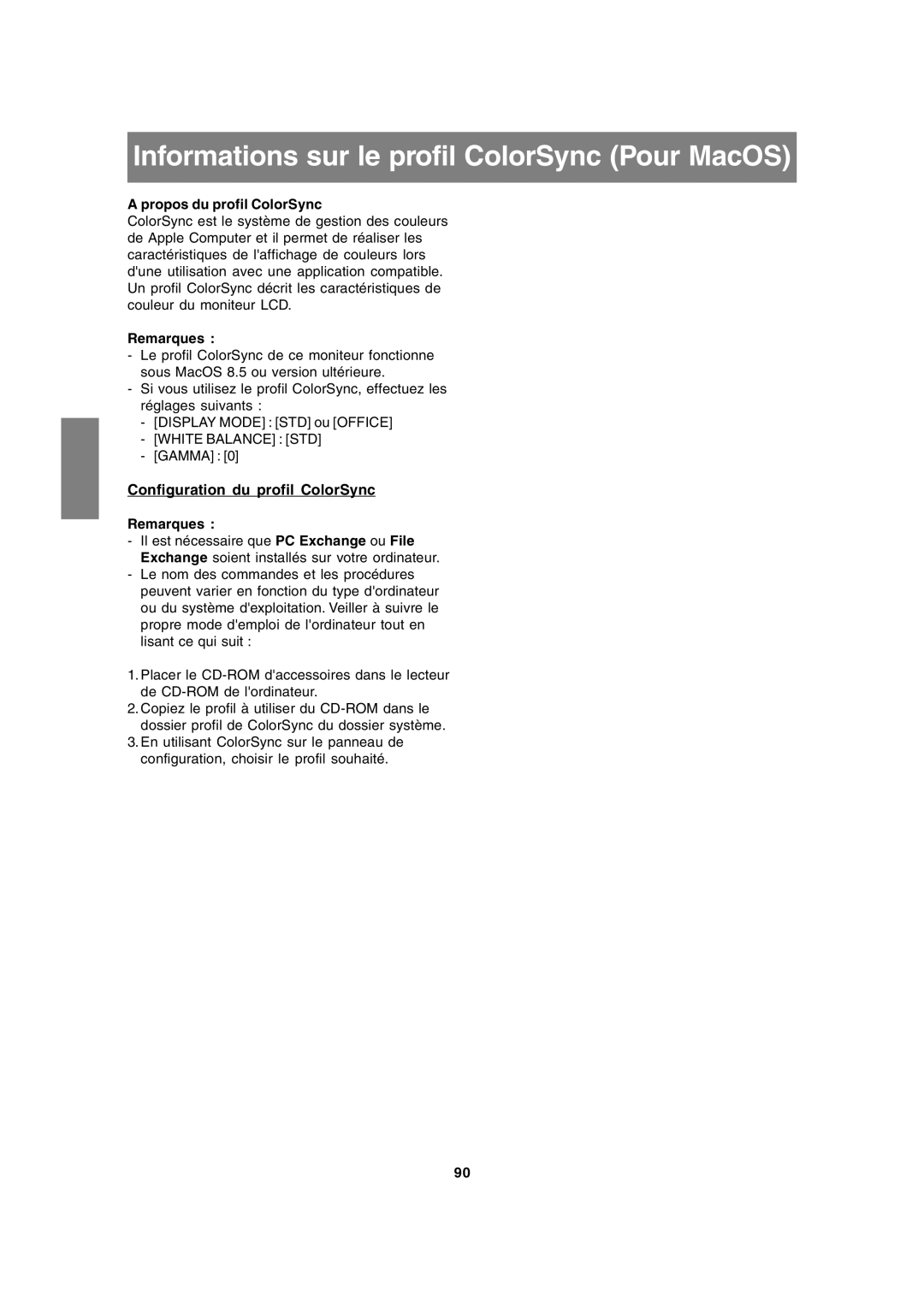 Sharp LL-172G, LL-172A operation manual Informations sur le profil ColorSync Pour MacOS, Configuration du profil ColorSync 