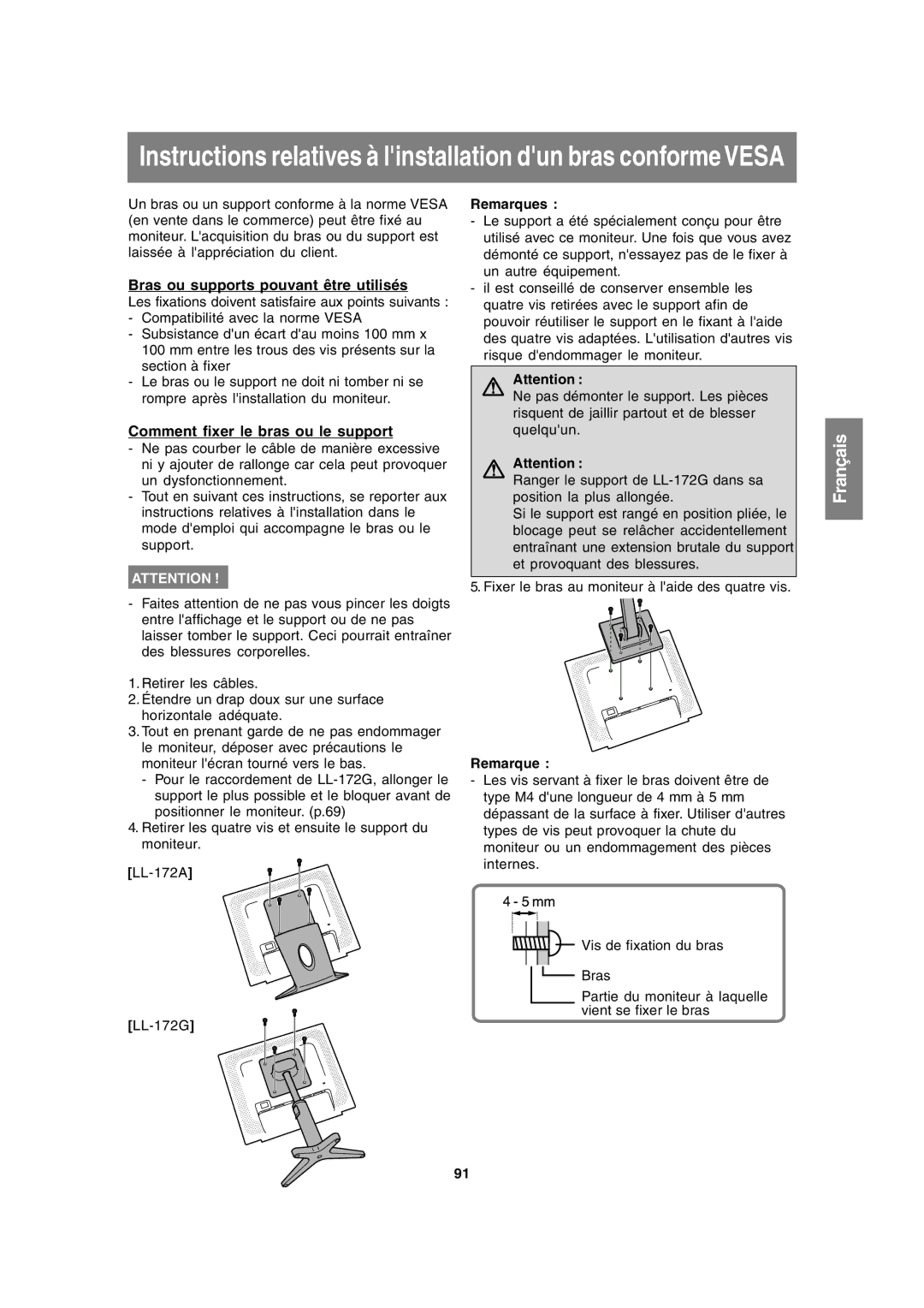 Sharp LL-172A, LL-172G operation manual Bras ou supports pouvant être utilisés, Comment fixer le bras ou le support 