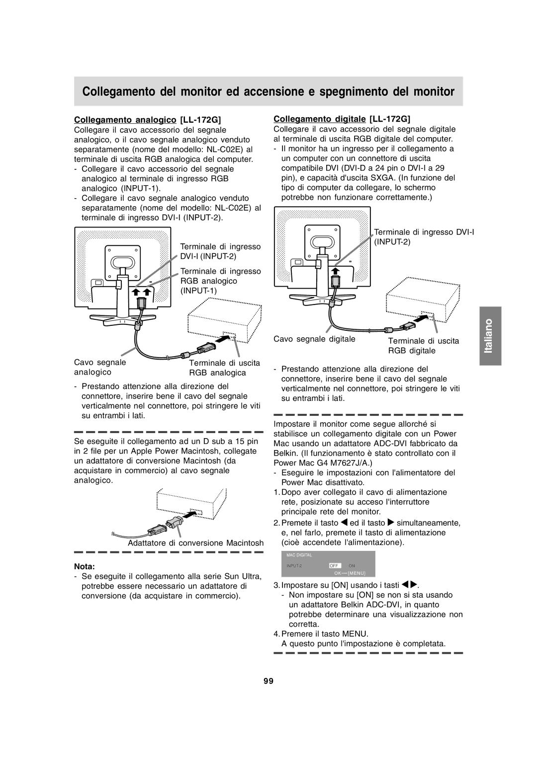 Sharp LL-172A operation manual Collegamento analogico LL-172G, Collegamento digitale LL-172G, Nota 