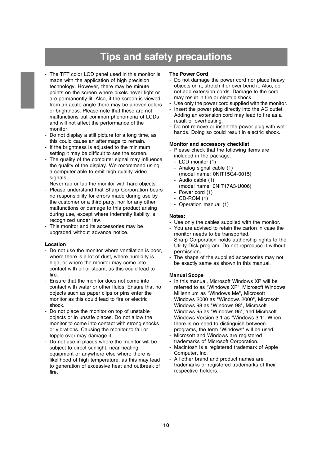 Sharp LL-191A Tips and safety precautions, Location, Power Cord, Monitor and accessory checklist, Manual Scope 