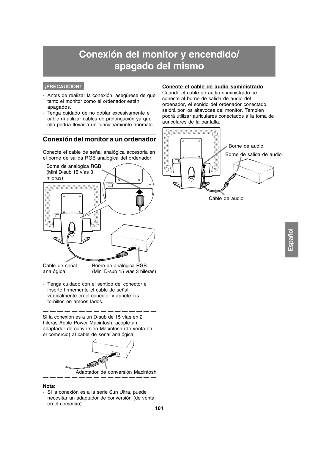 Sharp LL-191A operation manual Conexión del monitor y encendido Apagado del mismo, Conexión del monitor a un ordenador, 101 