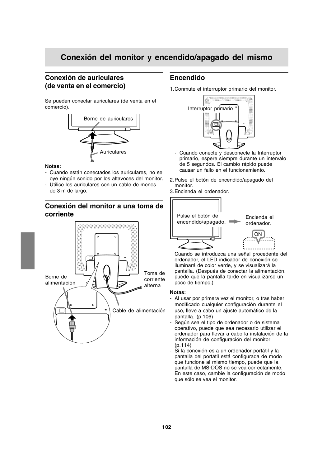 Sharp LL-191A Conexión del monitor y encendido/apagado del mismo, Conexión de auriculares de venta en el comercio, 102 