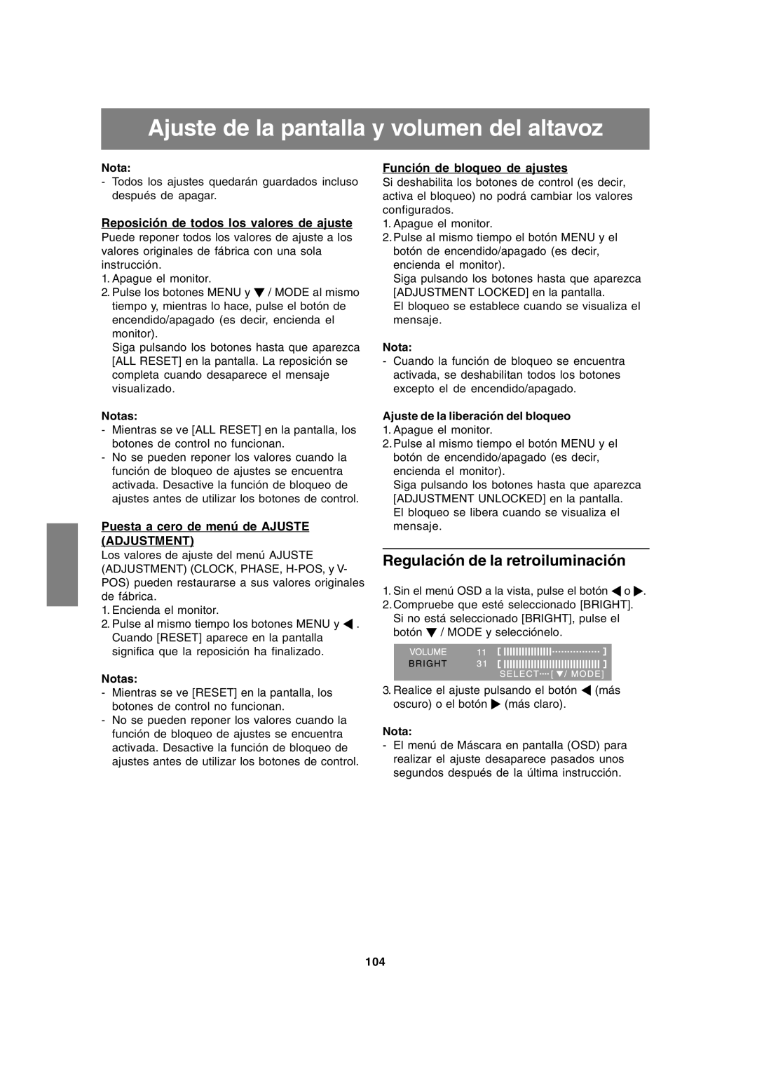 Sharp LL-191A operation manual Ajuste de la pantalla y volumen del altavoz, Regulación de la retroiluminación 