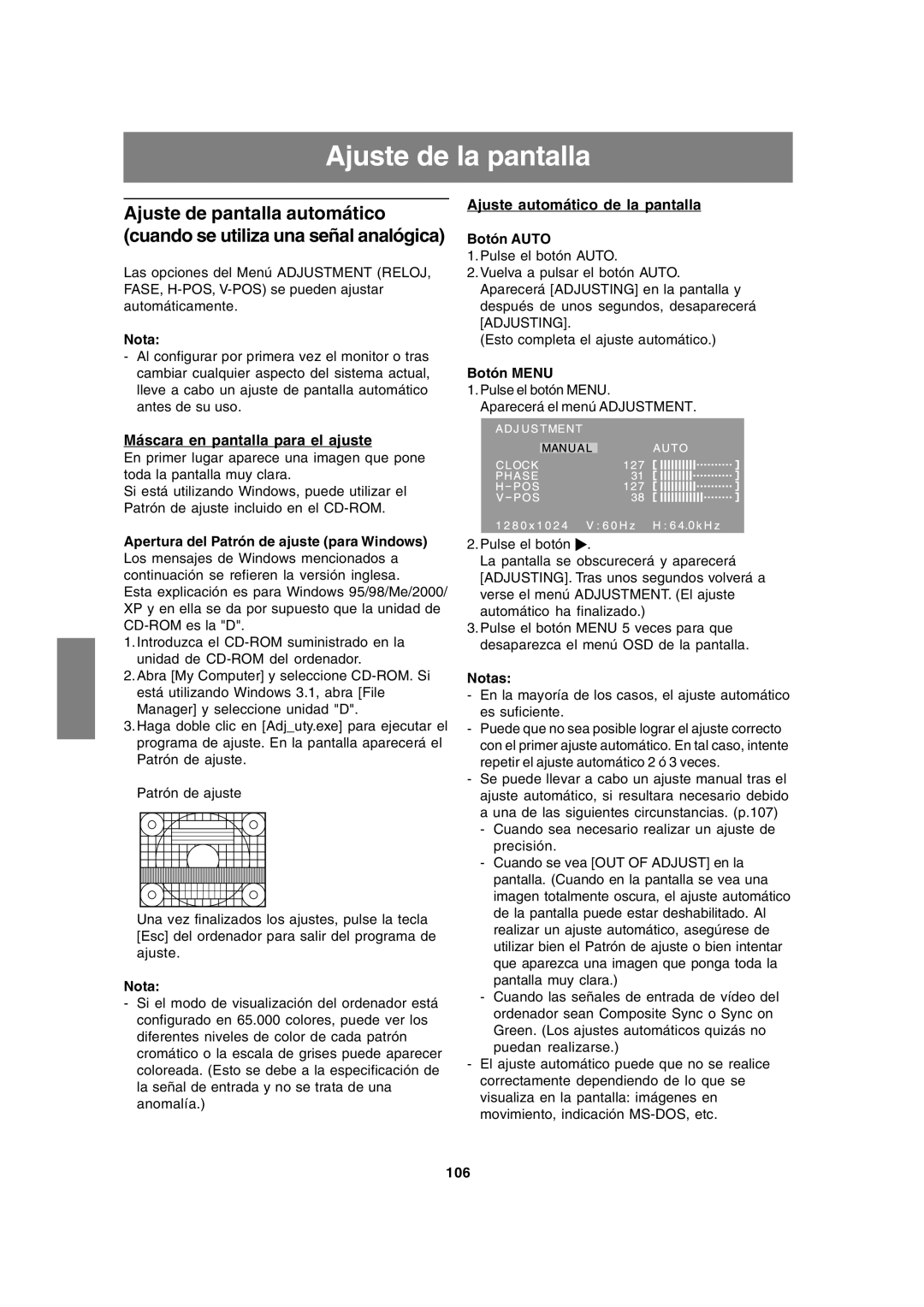 Sharp LL-191A operation manual Ajuste de la pantalla, Ajuste de pantalla automático, Ajuste automático de la pantalla 