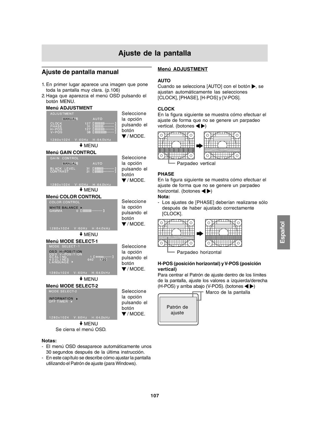 Sharp LL-191A operation manual Ajuste de la pantalla, Ajuste de pantalla manual, Menú Adjustment 