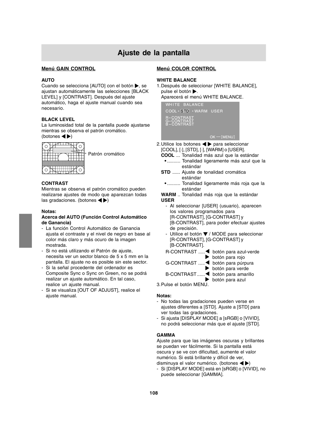 Sharp LL-191A operation manual Menú Gain Control, Menú Color Control, 108 