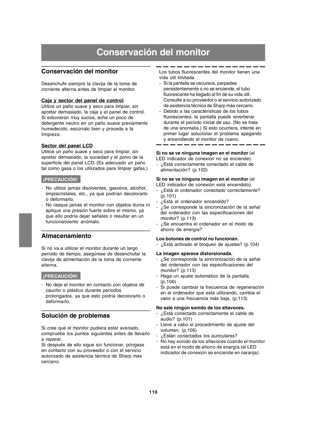 Sharp LL-191A operation manual Conservación del monitor, Almacenamiento, Solución de problemas 