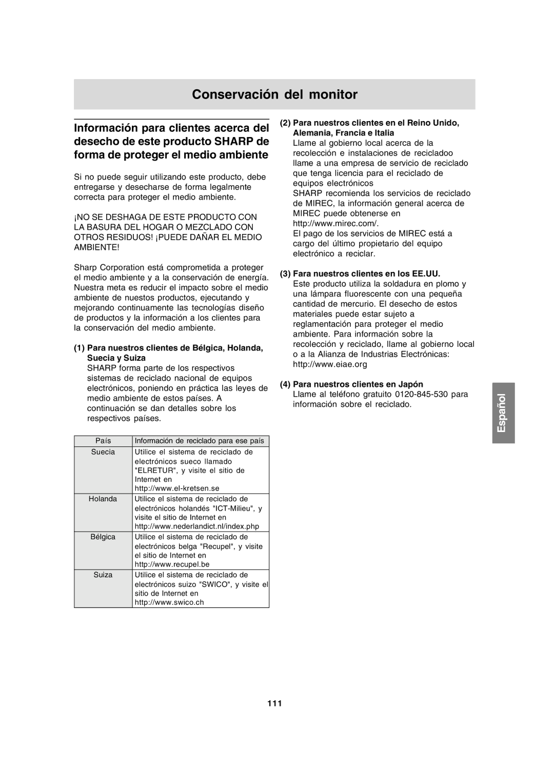 Sharp LL-191A operation manual Conservación del monitor, Para nuestros clientes de Bélgica, Holanda, Suecia y Suiza, 111 