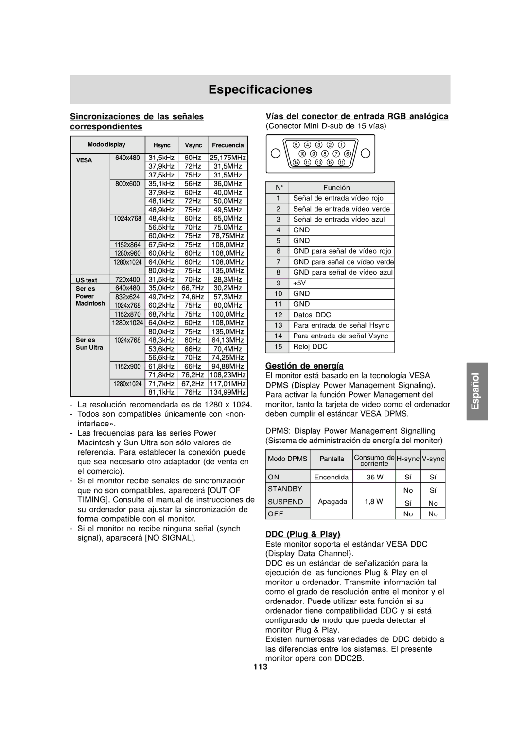 Sharp LL-191A operation manual Especificaciones, Sincronizaciones de las señales, Correspondientes, Gestión de energía 