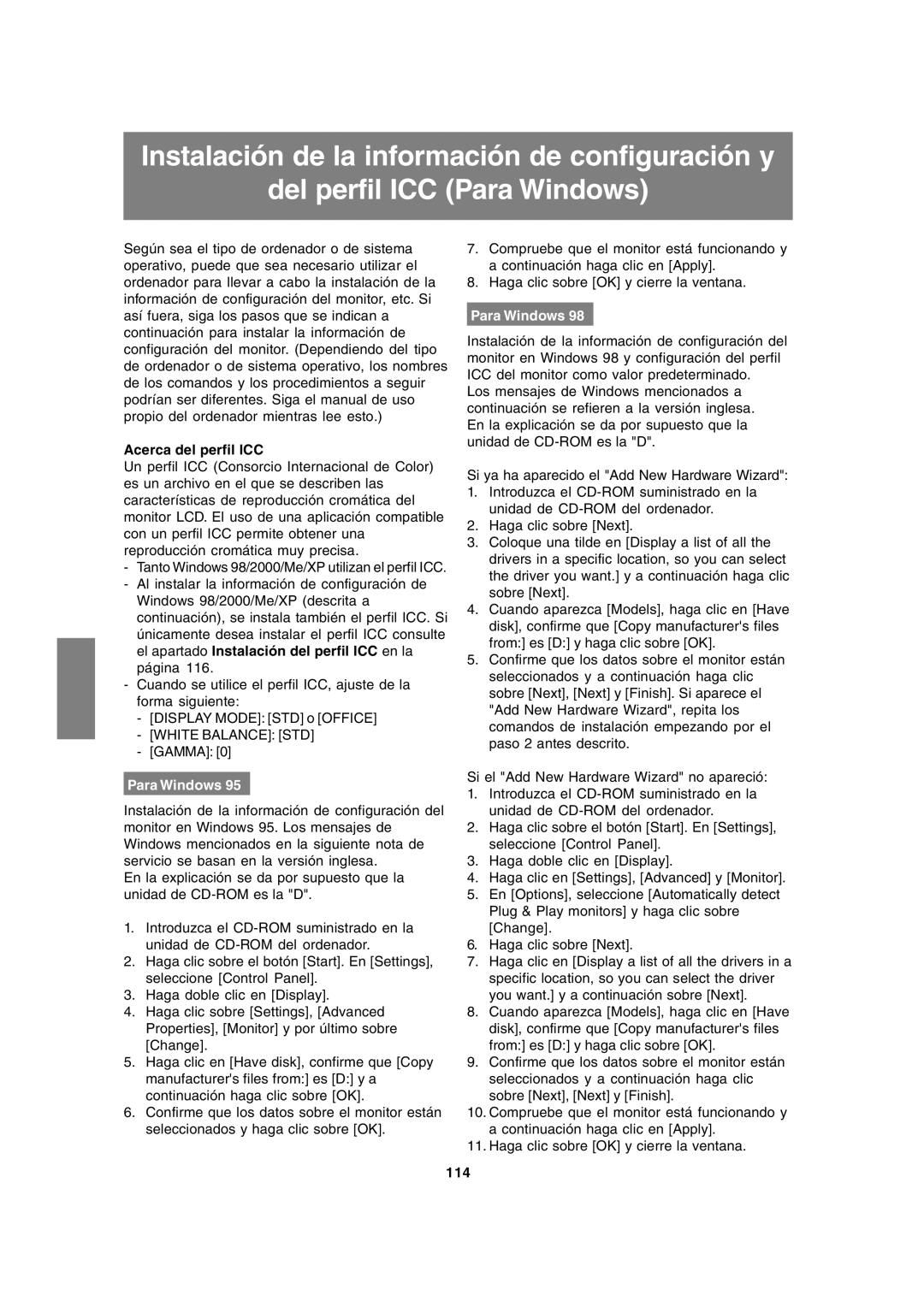 Sharp LL-191A operation manual Acerca del perfil ICC, Para Windows, 114 