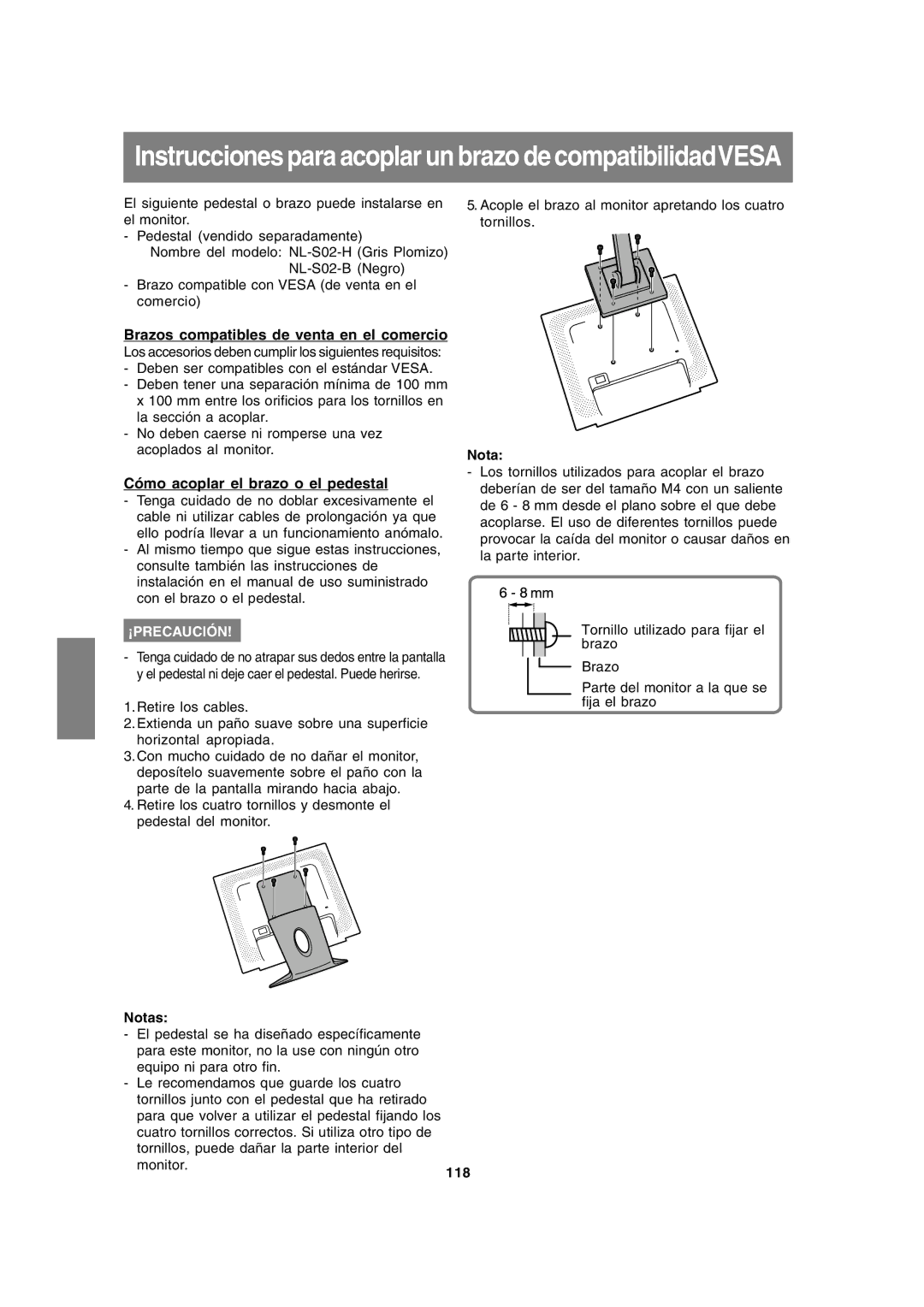 Sharp LL-191A operation manual Brazos compatibles de venta en el comercio, Cómo acoplar el brazo o el pedestal, 118 