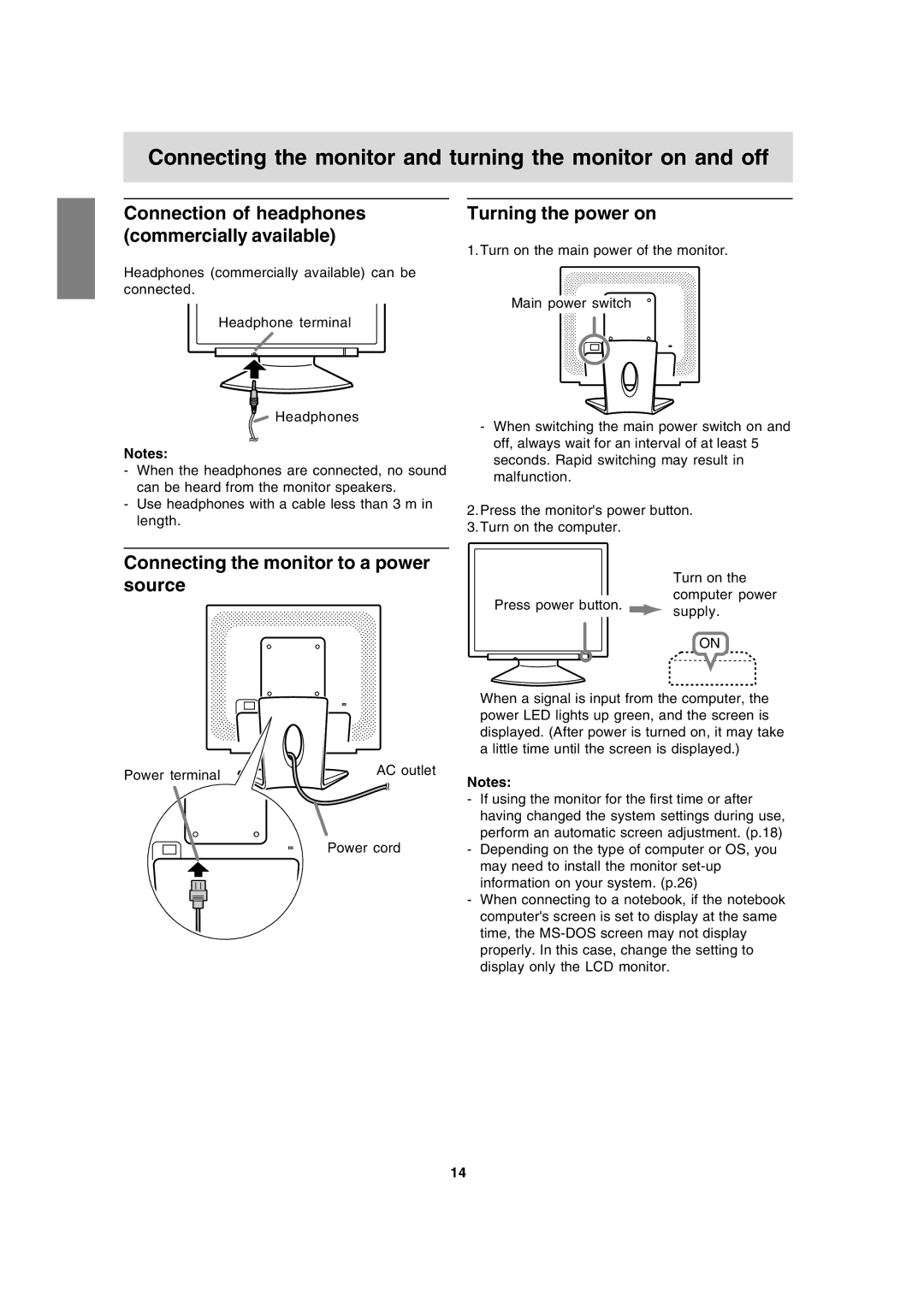 Sharp LL-191A Connecting the monitor and turning the monitor on and off, Connection of headphones commercially available 