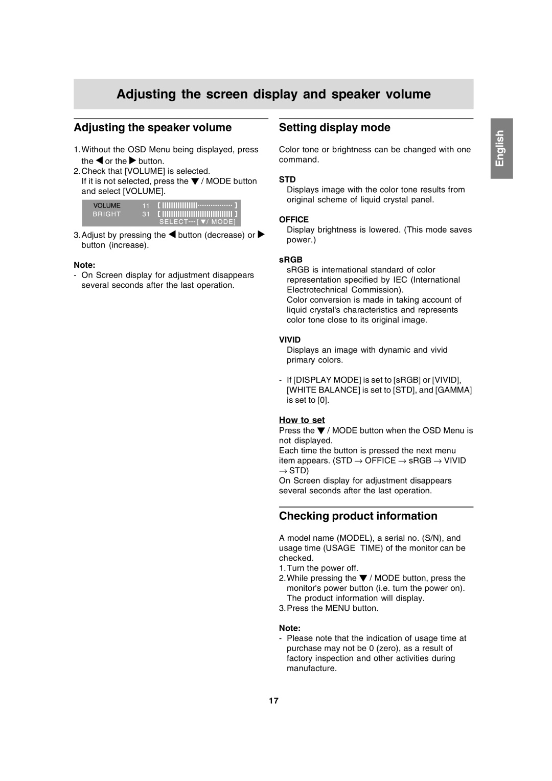 Sharp LL-191A Adjusting the screen display and speaker volume, Adjusting the speaker volume, Setting display mode 