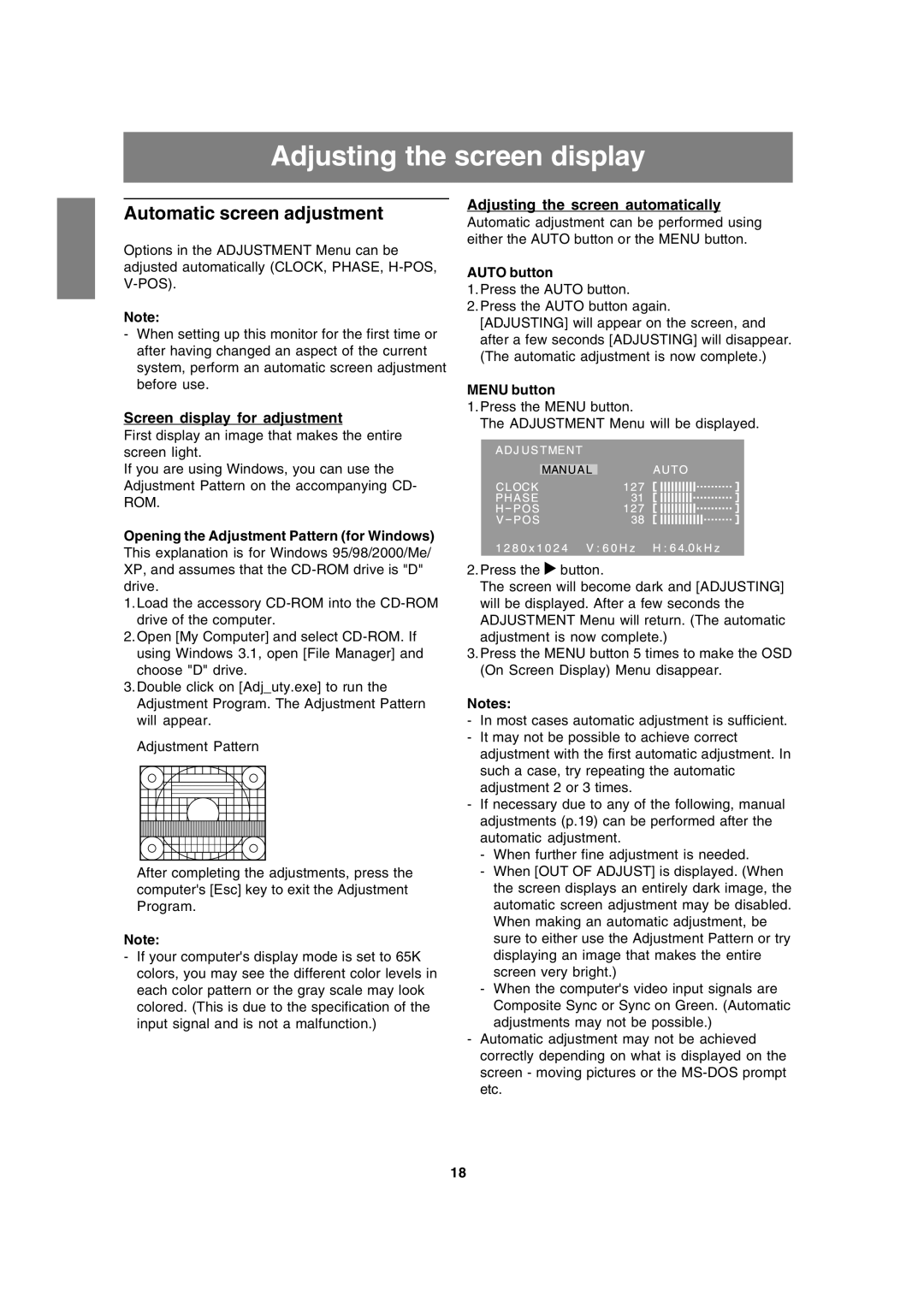 Sharp LL-191A operation manual Adjusting the screen display, Automatic screen adjustment, Screen display for adjustment 