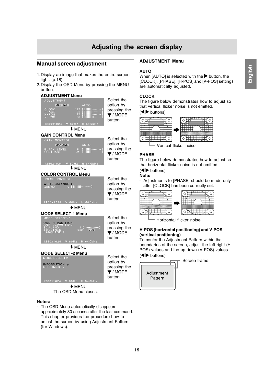 Sharp LL-191A operation manual Adjusting the screen display, Manual screen adjustment, Adjustment Menu 