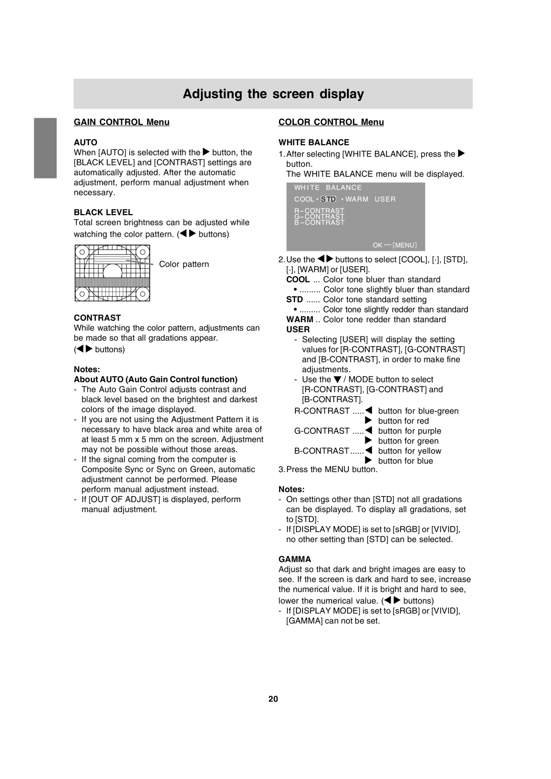 Sharp LL-191A operation manual Gain Control Menu, Color Control Menu 