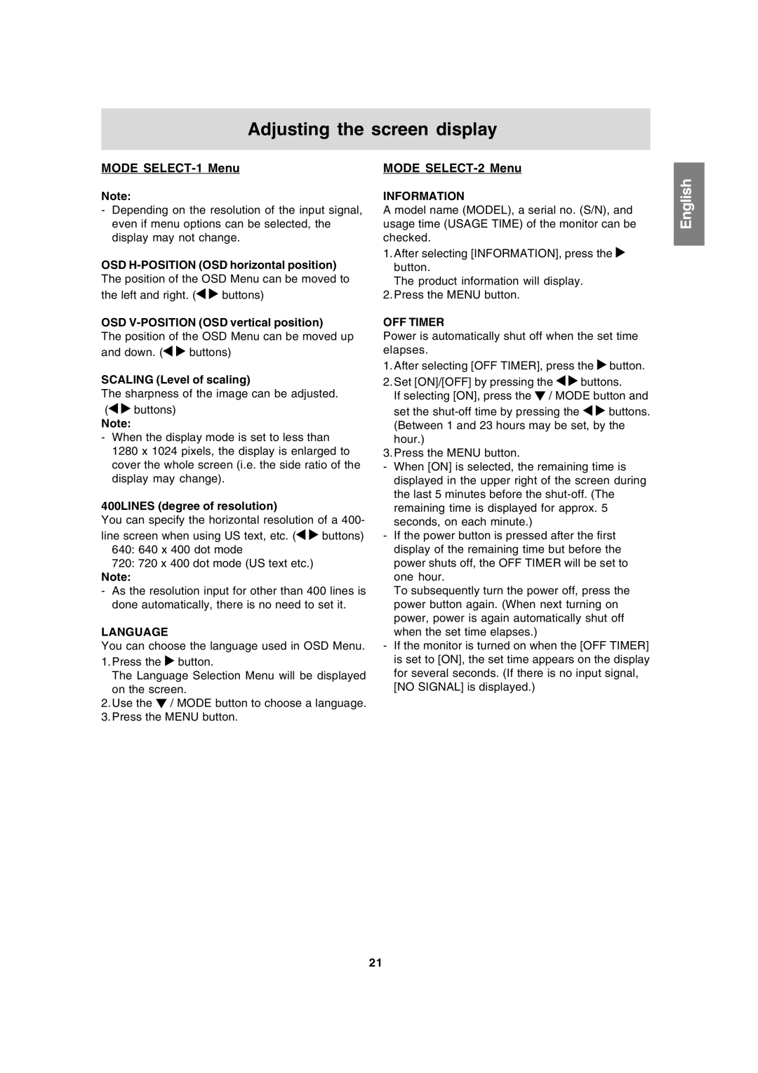 Sharp LL-191A operation manual Mode SELECT-1 Menu, Mode SELECT-2 Menu, Language, Information, OFF Timer 