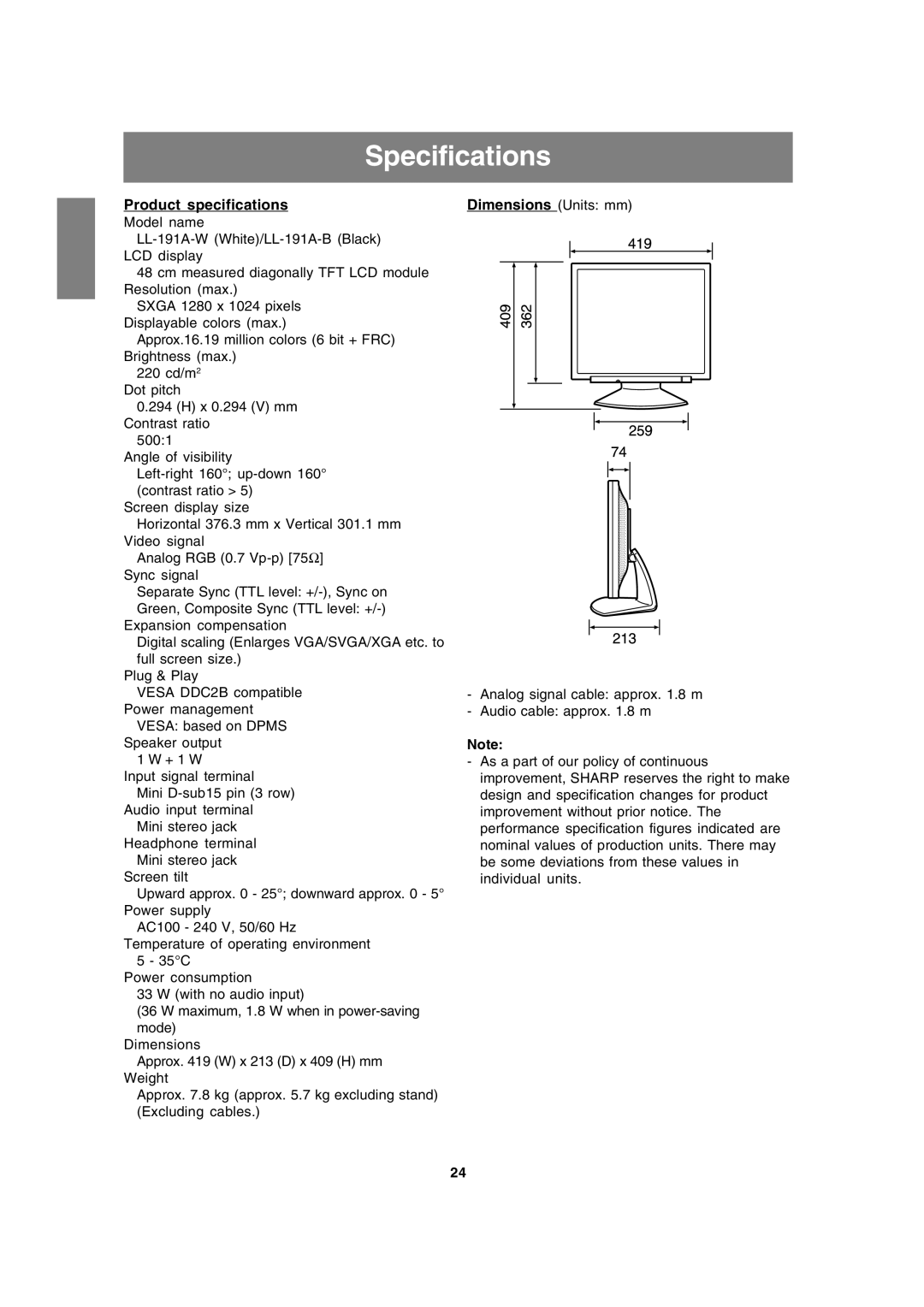 Sharp LL-191A operation manual Specifications, Product specifications 