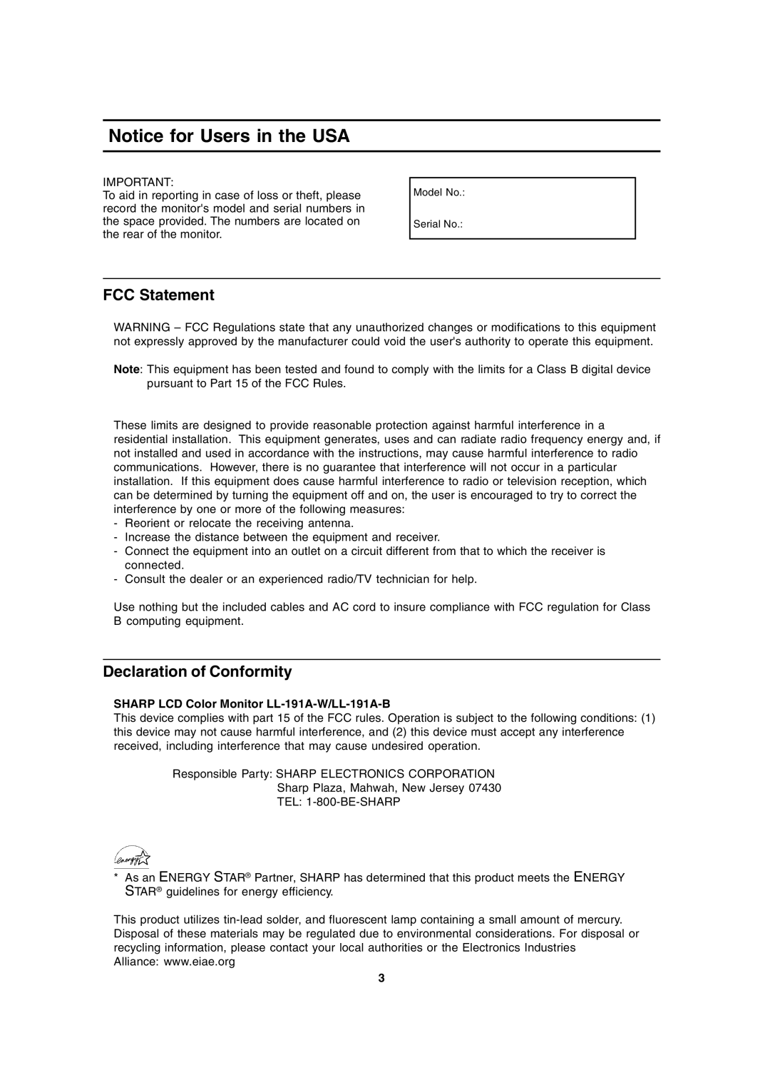 Sharp operation manual FCC Statement, Declaration of Conformity, Sharp LCD Color Monitor LL-191A-W/LL-191A-B 