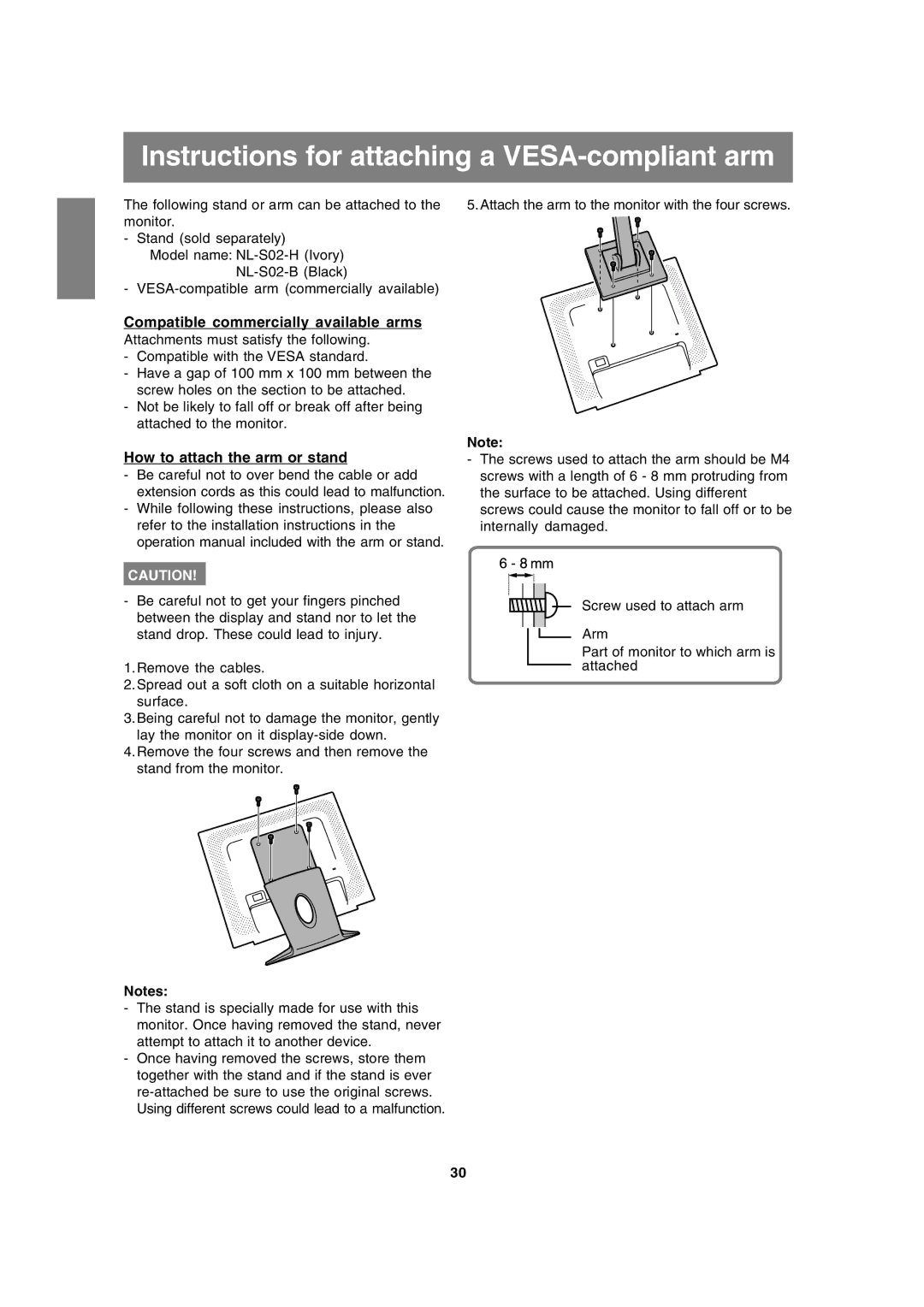 Sharp LL-191A operation manual Instructions for attaching a VESA-compliant arm, Compatible commercially available arms 