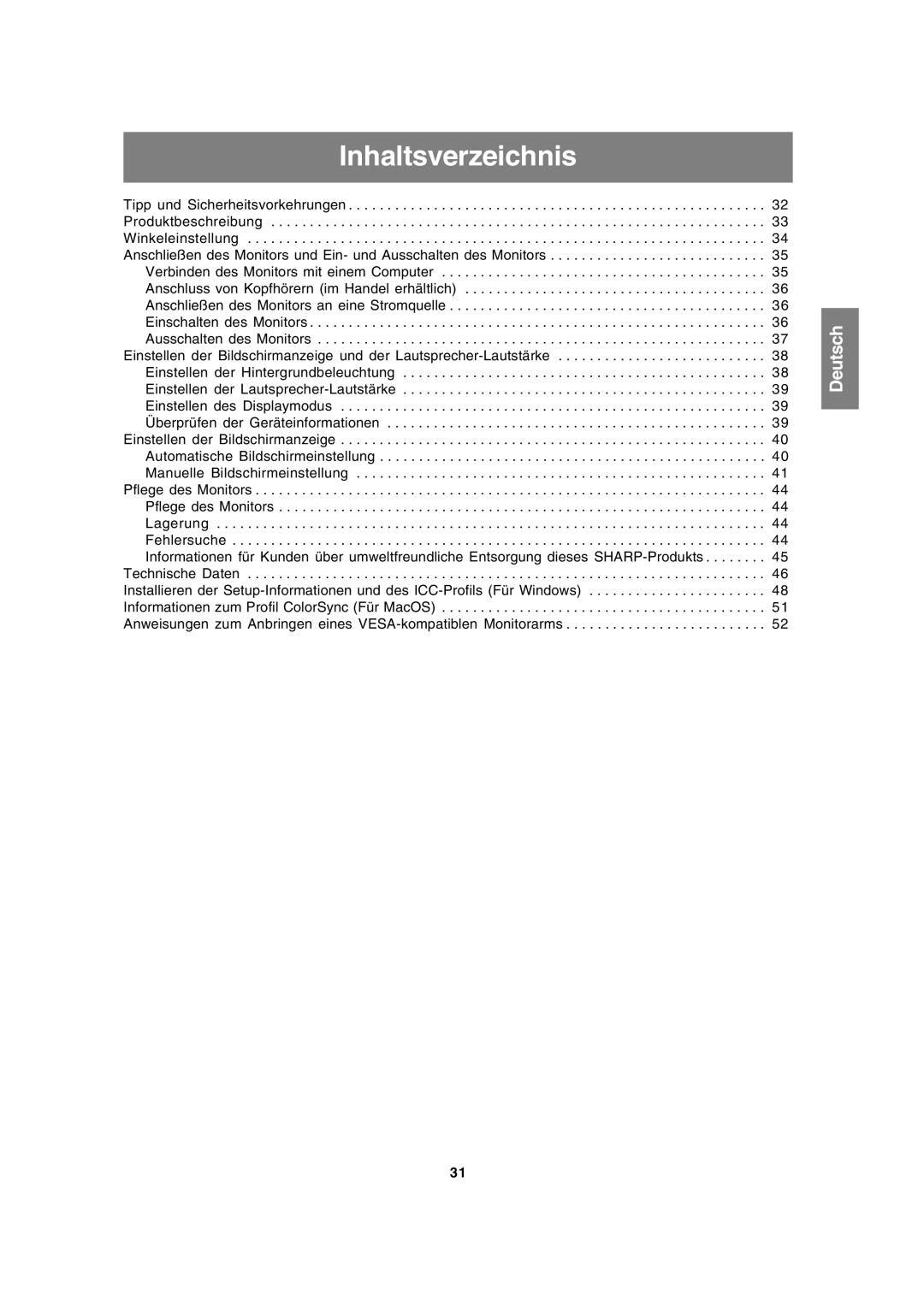 Sharp LL-191A operation manual Inhaltsverzeichnis 