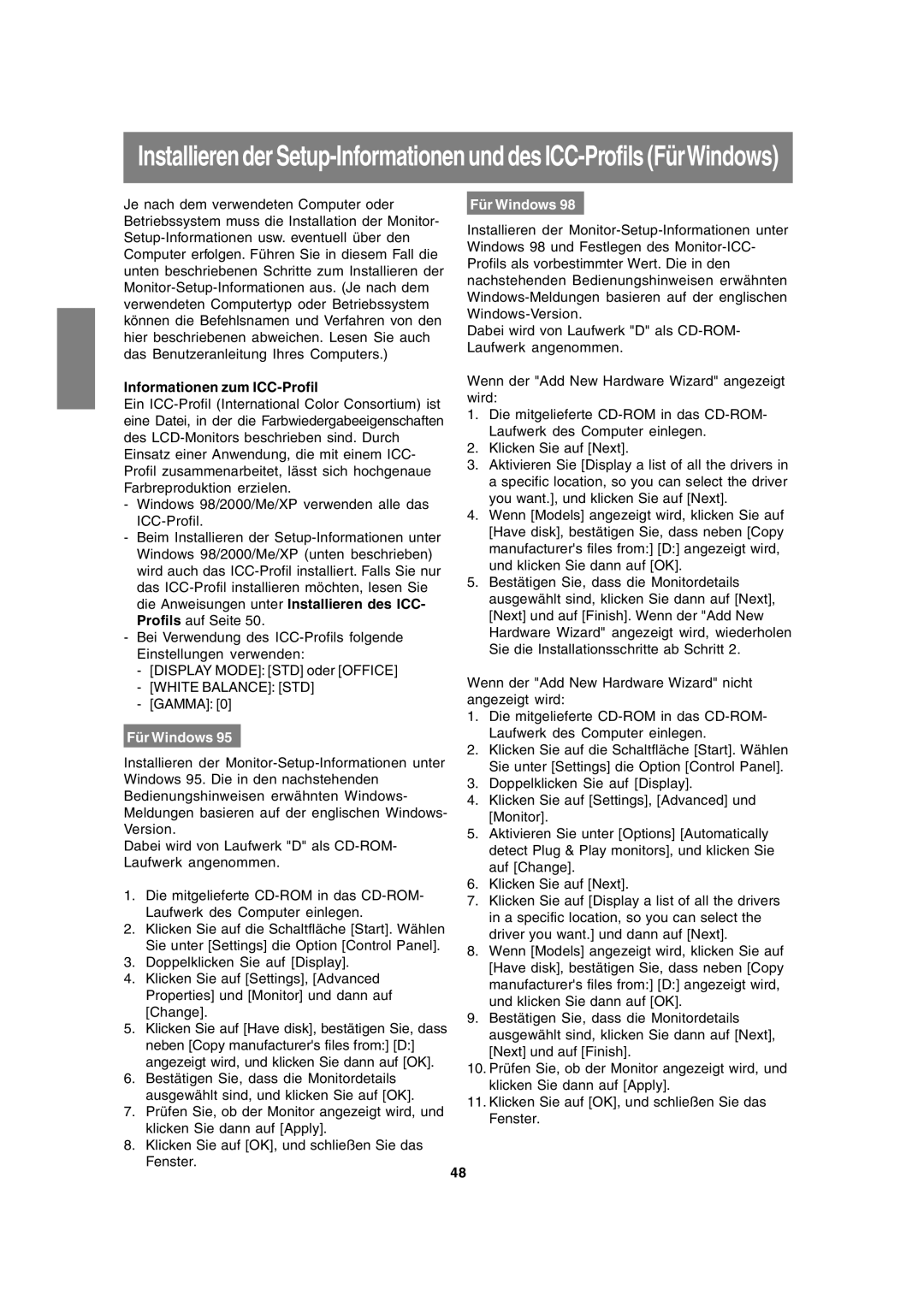 Sharp LL-191A operation manual Informationen zum ICC-Profil, Für Windows 