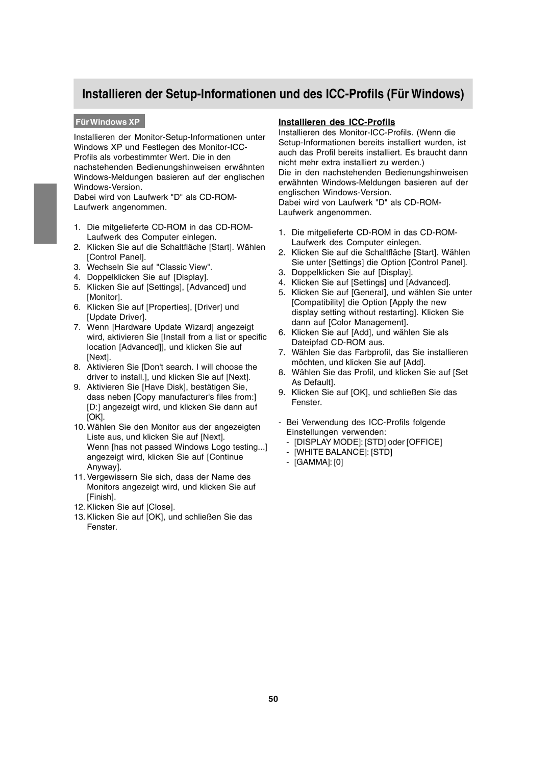 Sharp LL-191A operation manual Installieren des ICC-Profils, Für Windows XP 