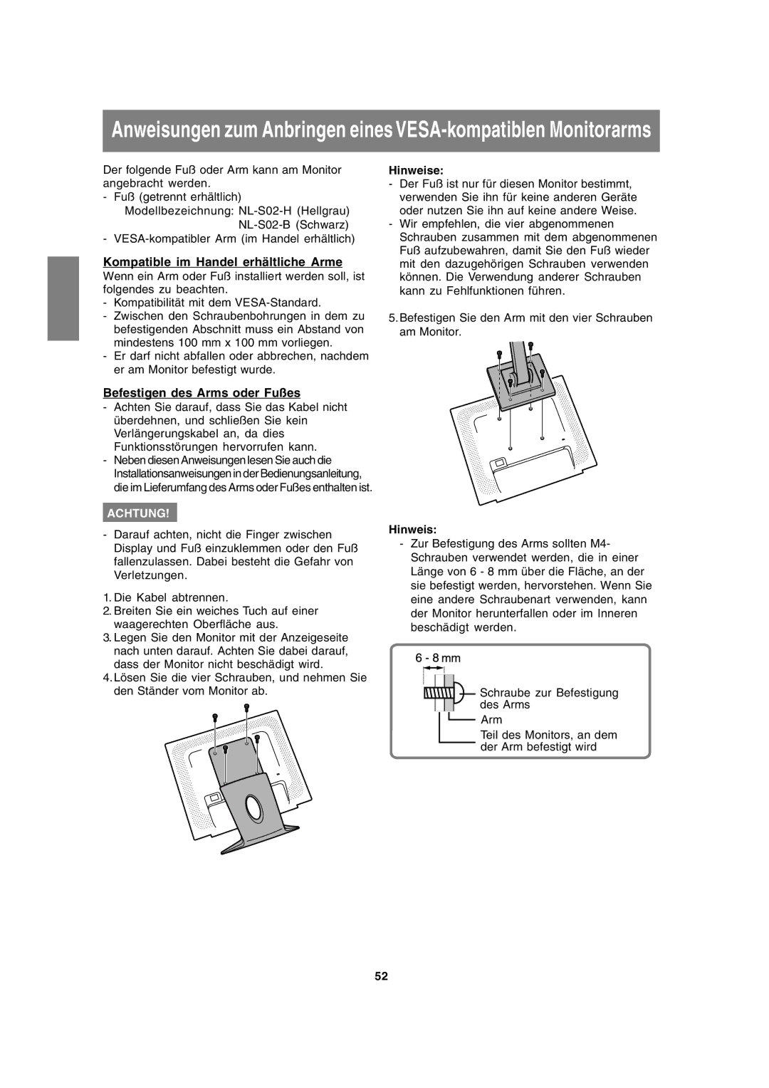 Sharp LL-191A operation manual Kompatible im Handel erhältliche Arme, Befestigen des Arms oder Fußes 