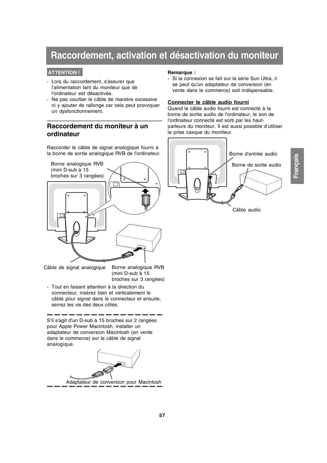 Sharp LL-191A operation manual Raccordement du moniteur à un ordinateur, Connecter le câble audio fourni, Remarque 