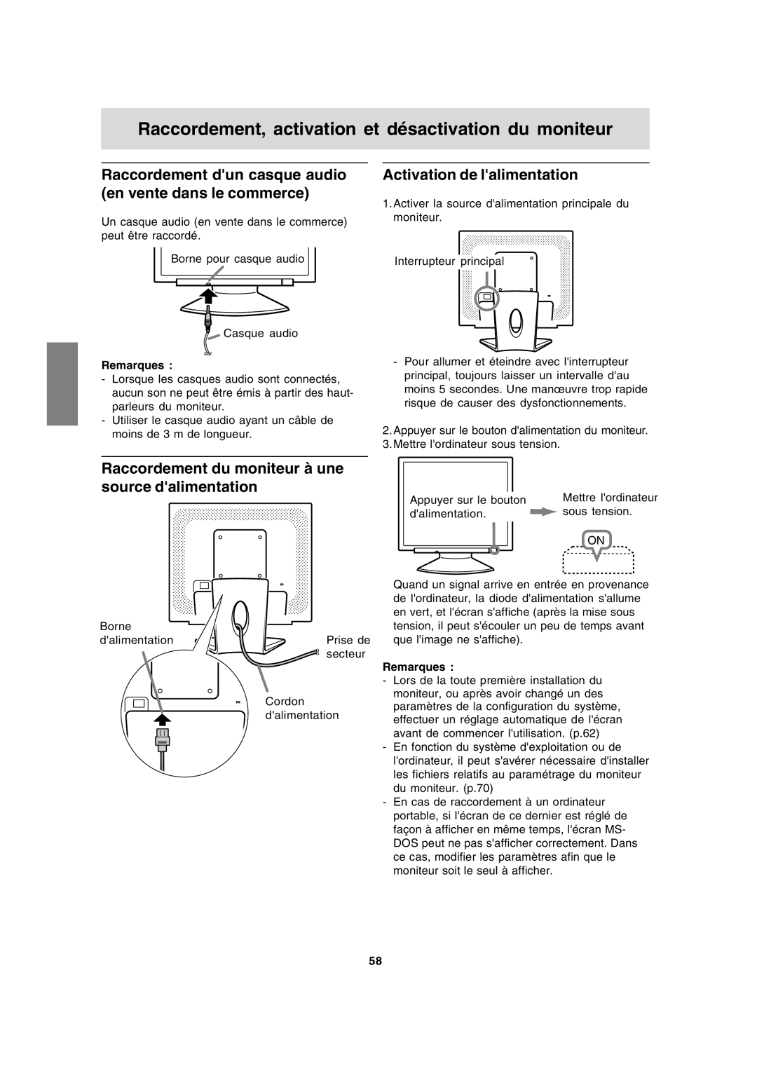 Sharp LL-191A operation manual Raccordement, activation et désactivation du moniteur, Activation de lalimentation 