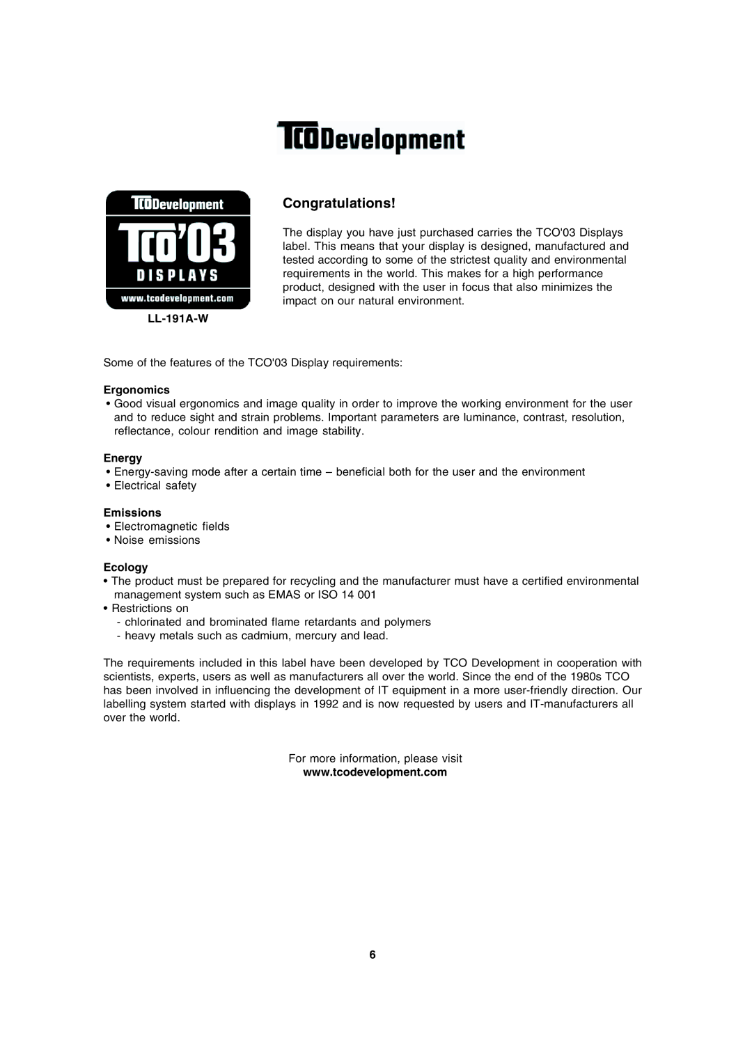 Sharp operation manual LL-191A-W, Ergonomics, Energy, Emissions, Ecology 