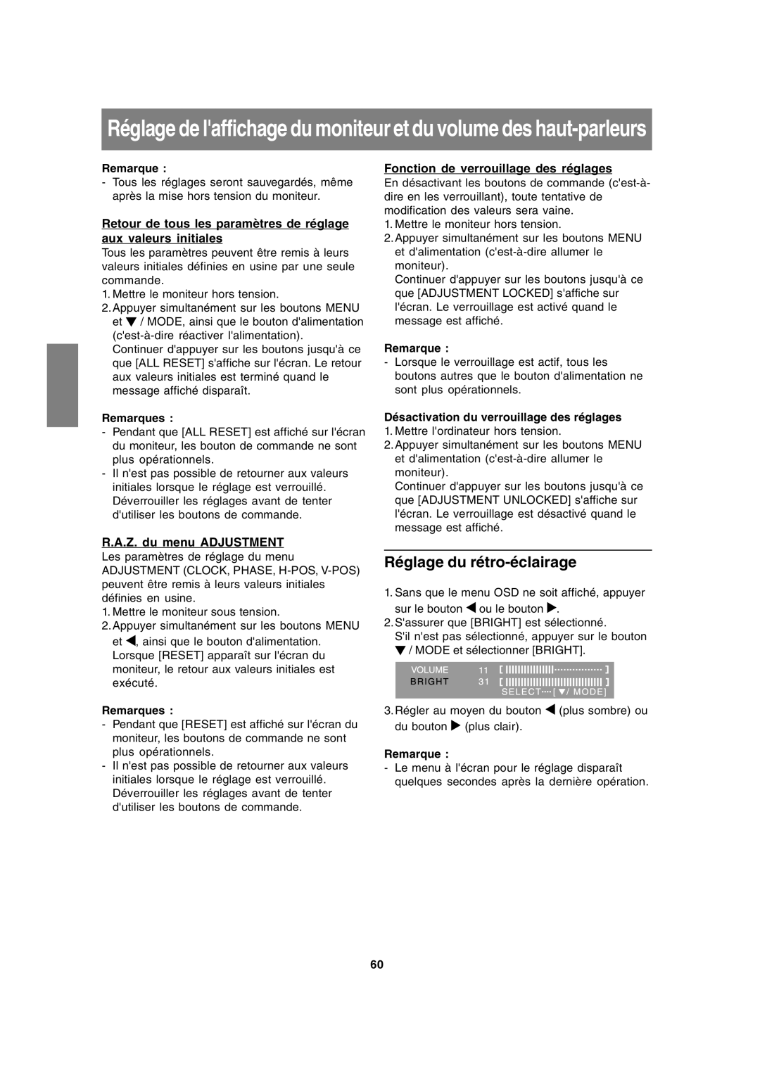 Sharp LL-191A operation manual Réglage du rétro-éclairage, Fonction de verrouillage des réglages, Z. du menu Adjustment 