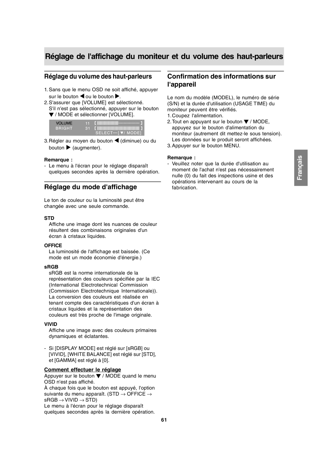 Sharp LL-191A Réglage du volume des haut-parleurs, Réglage du mode daffichage, Confirmation des informations sur lappareil 