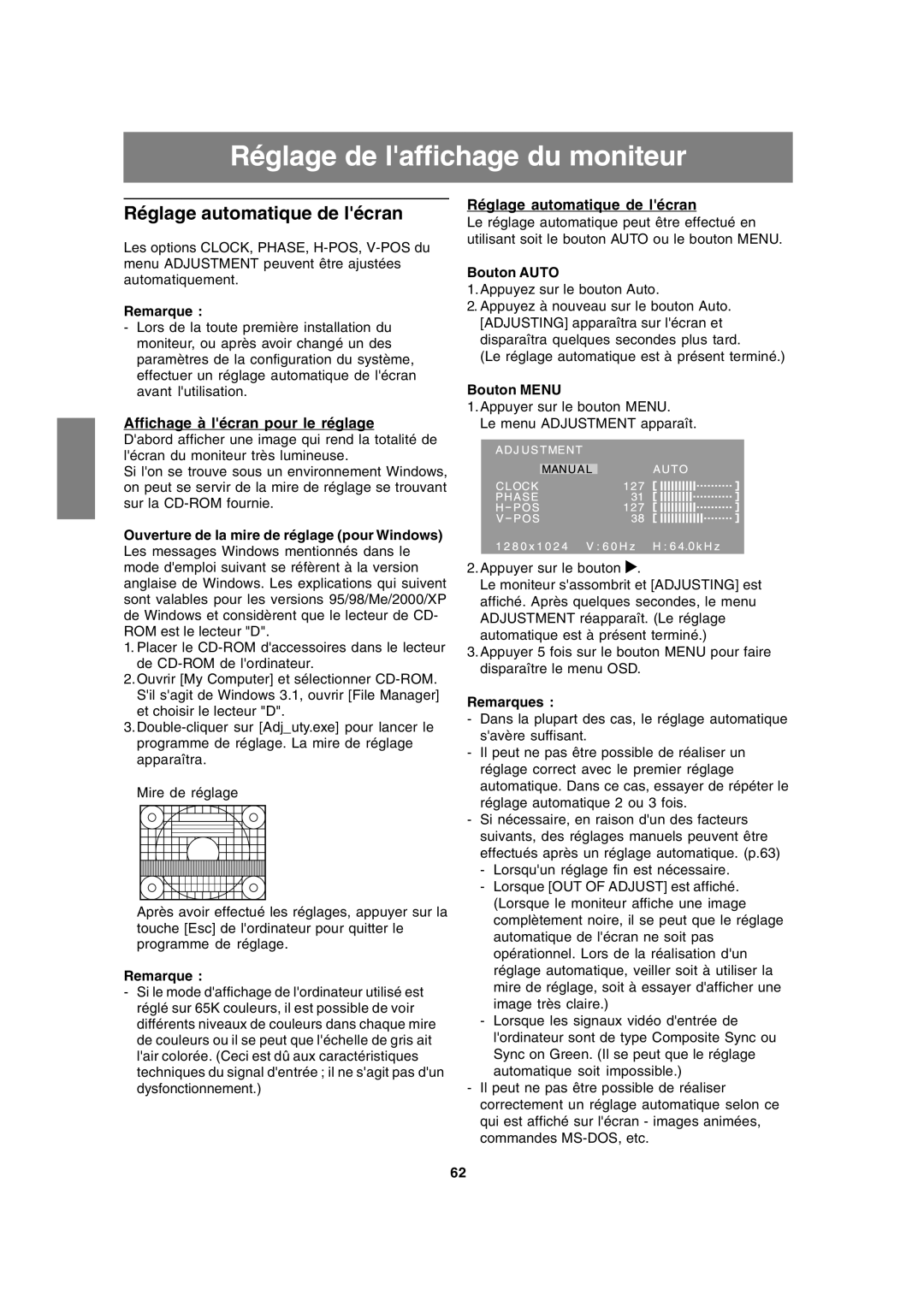 Sharp LL-191A Réglage de laffichage du moniteur, Réglage automatique de lécran, Affichage à lécran pour le réglage 