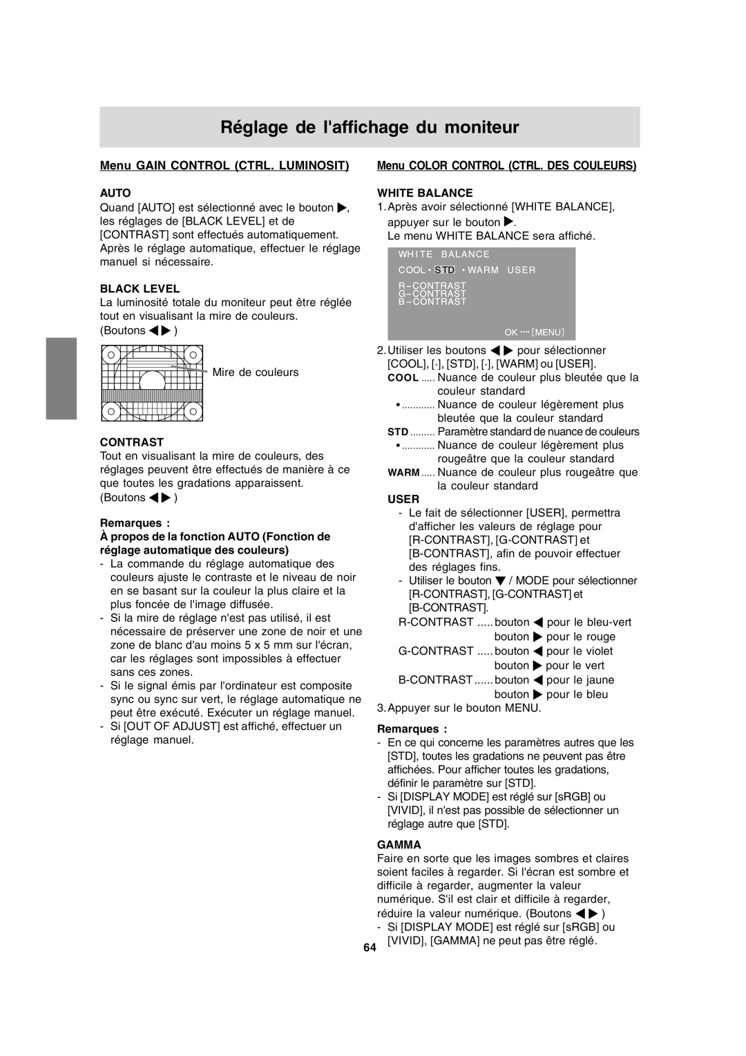 Sharp LL-191A operation manual Menu Gain Control CTRL. Luminosit, Menu Color Control CTRL. DES Couleurs 