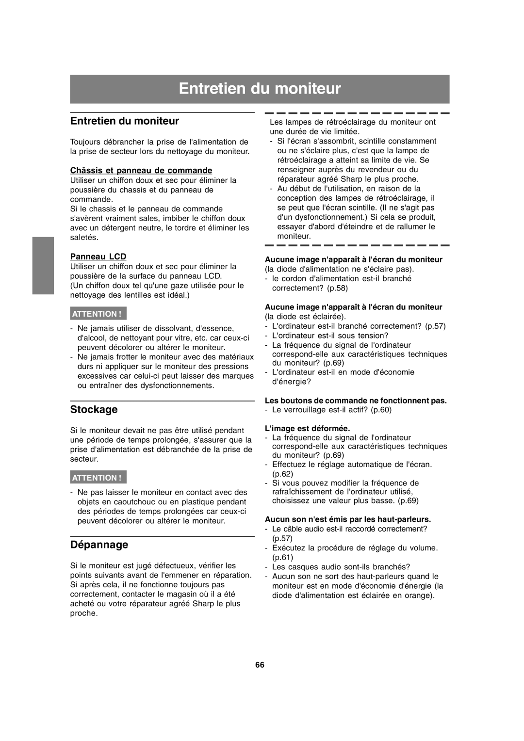 Sharp LL-191A operation manual Entretien du moniteur, Stockage, Dépannage 