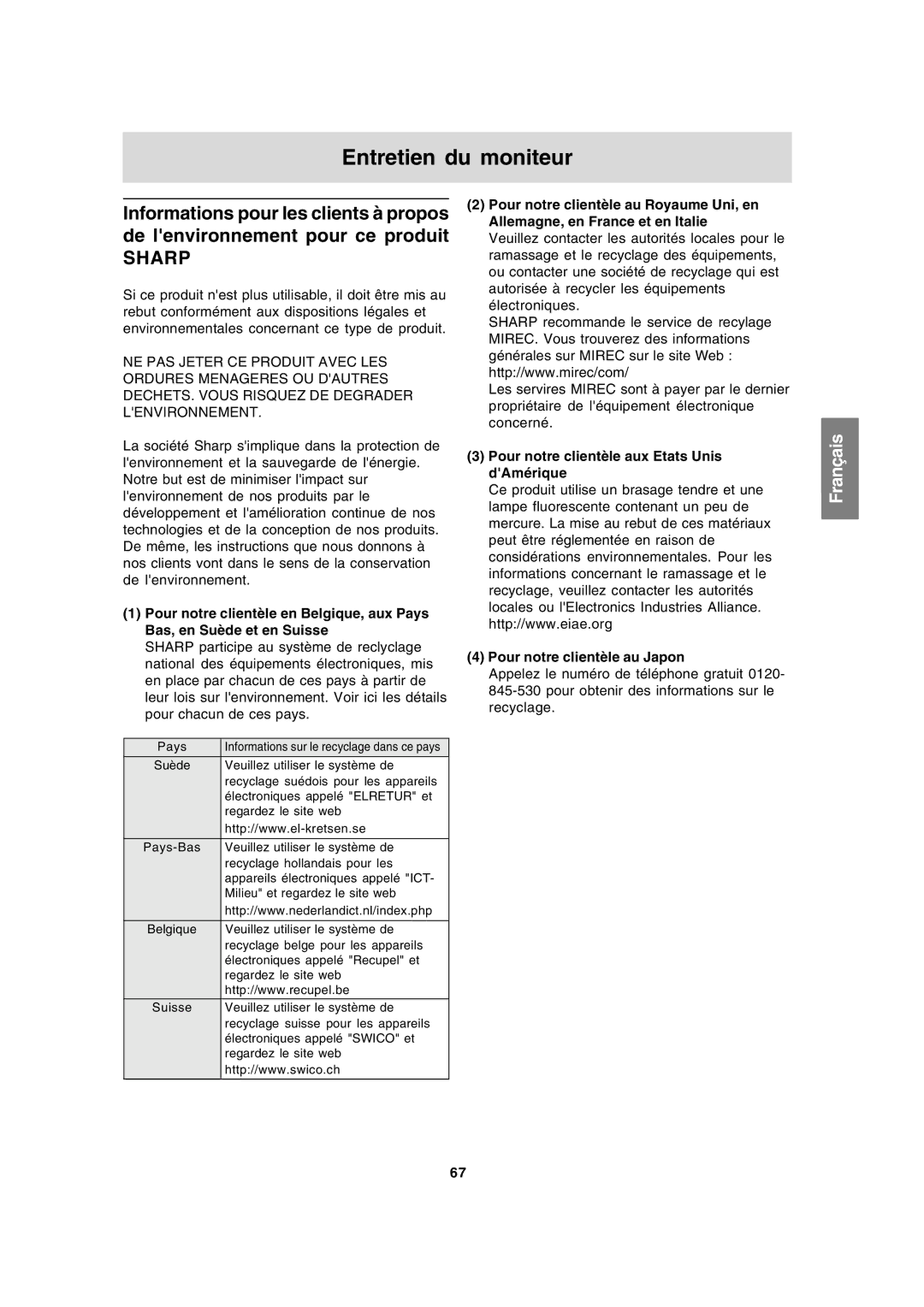 Sharp LL-191A operation manual Entretien du moniteur, Sharp 