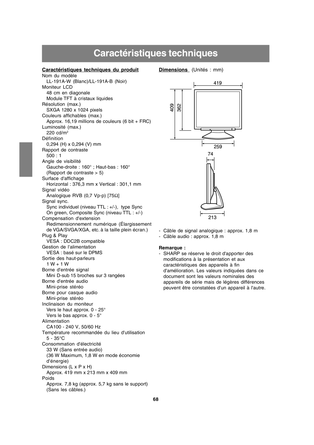 Sharp LL-191A operation manual Caractéristiques techniques du produit 