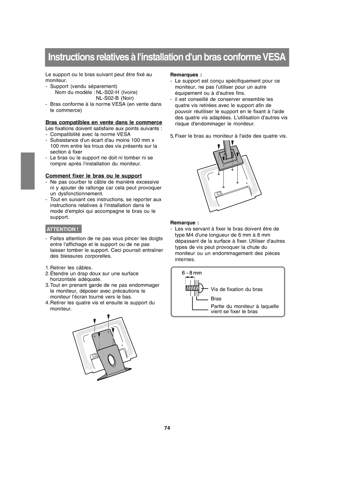 Sharp LL-191A operation manual Bras compatibles en vente dans le commerce, Comment fixer le bras ou le support 